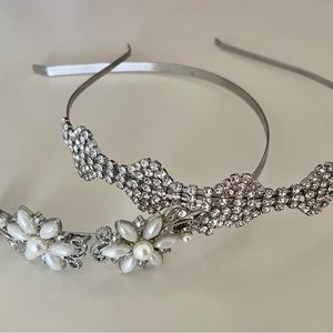 Women’s Headbands, 2 Set, Accessories, Silver, Pearl Flowers, Rhinestones